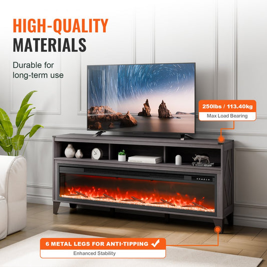 J02157-66 - 60" Fireplace TV Stand with LED Lights & Heating for 323 sq ft