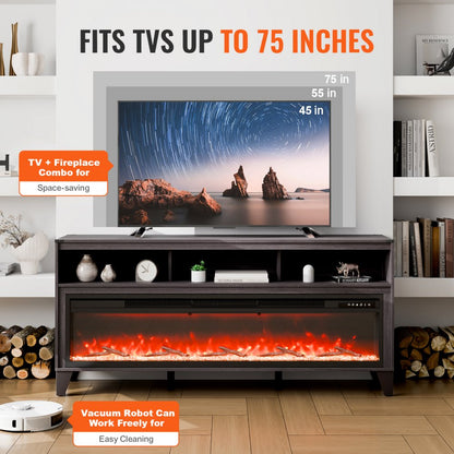 J02157-66 - 60" Fireplace TV Stand with LED Lights & Heating for 323 sq ft