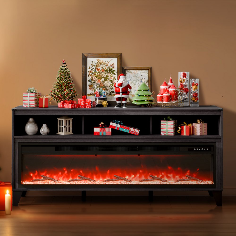 J02157-66 - 60" Fireplace TV Stand with LED Lights & Heating for 323 sq ft
