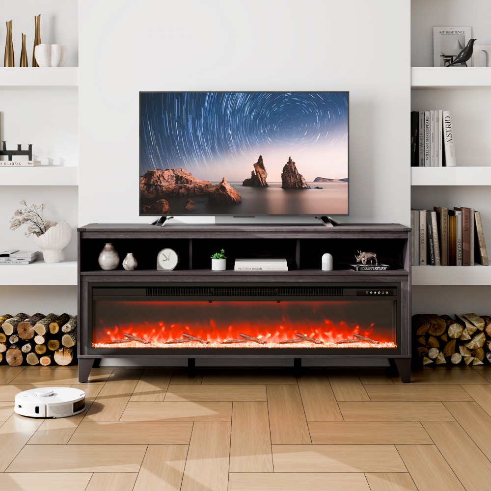 J02157-66 - 60" Fireplace TV Stand with LED Lights & Heating for 323 sq ft
