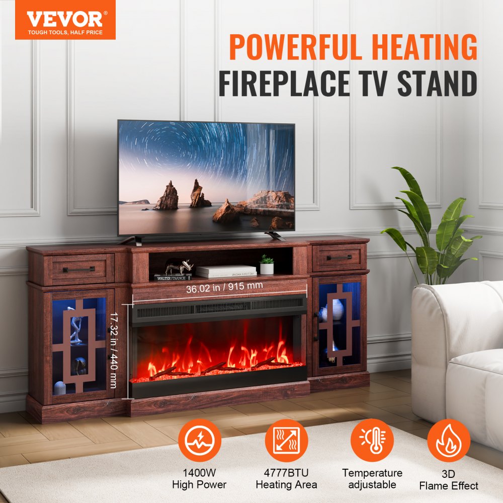 J02158-70 + SF316-36T - 70" Brown Fireplace TV Stand with 1400W Heater