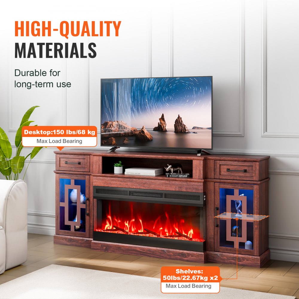 J02158-70 + SF316-36T - 70" Brown Fireplace TV Stand with 1400W Heater