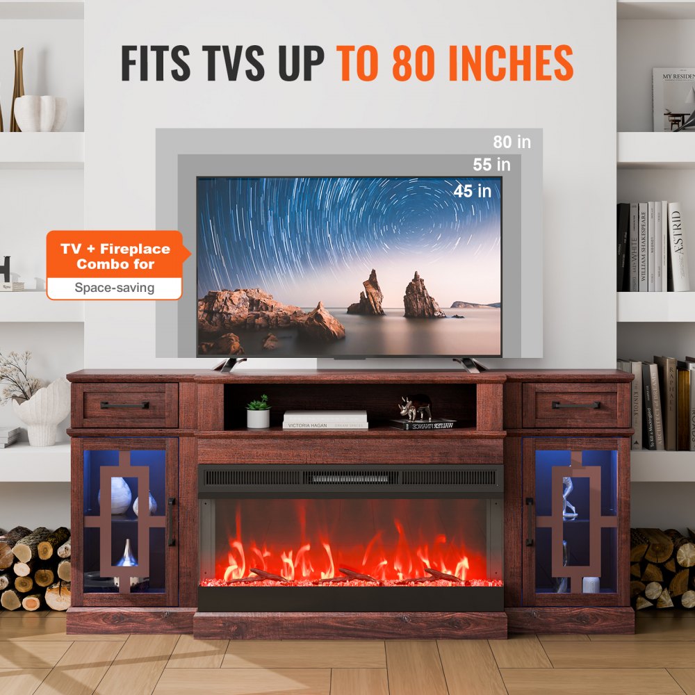 J02158-70 + SF316-36T - 70" Brown Fireplace TV Stand with 1400W Heater