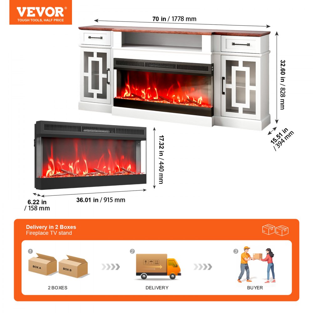 J02158-70 - VEVOR 70" Fireplace TV Stand with Remote & LED Lights