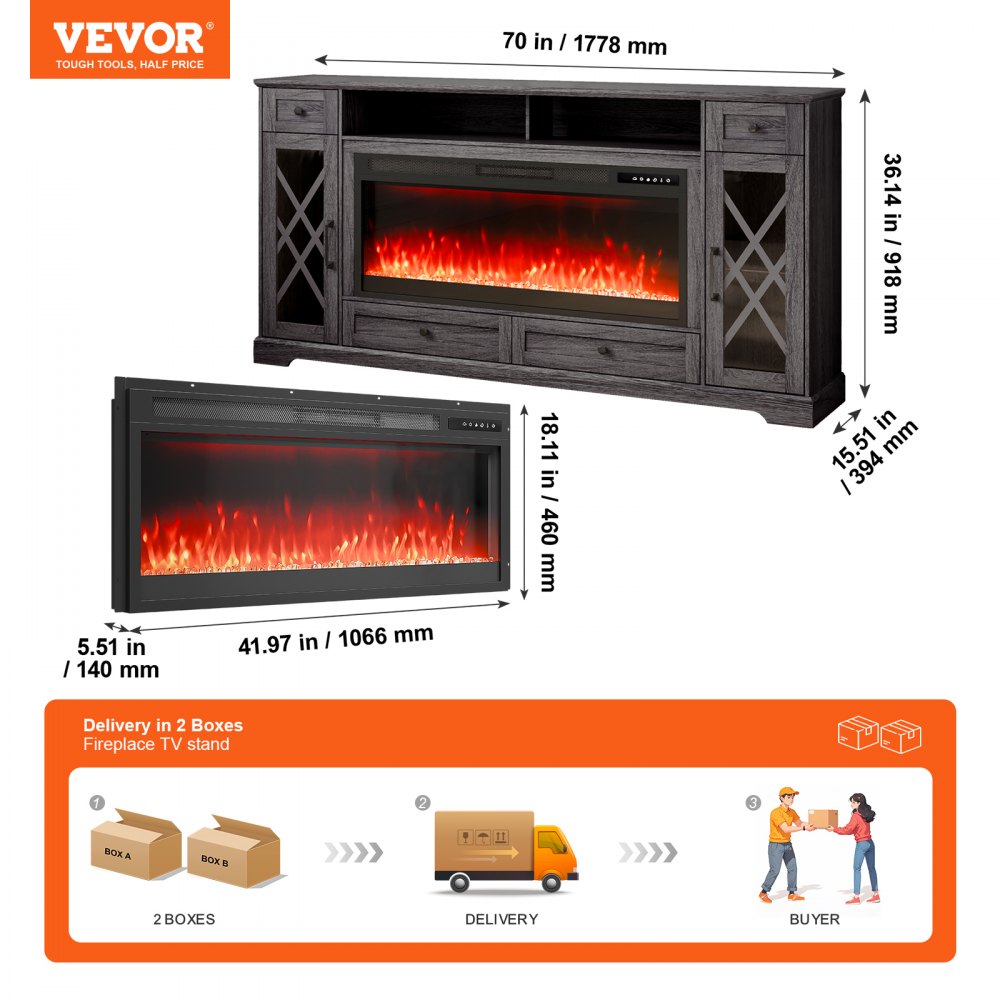 J01081-70 - VEVOR 70" Fireplace TV Stand with Remote & LED Lights