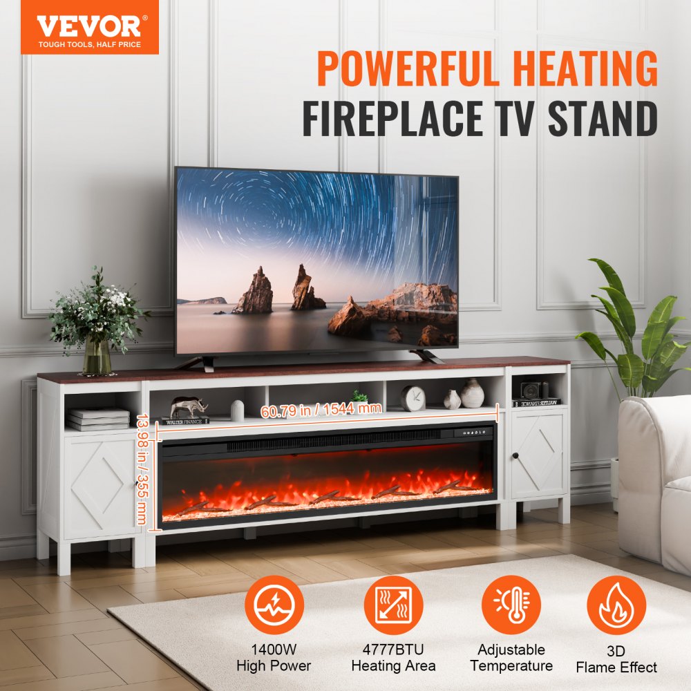 J02159-90 + SF301-58BT - 90in White Electric Fireplace TV Stand with Remote