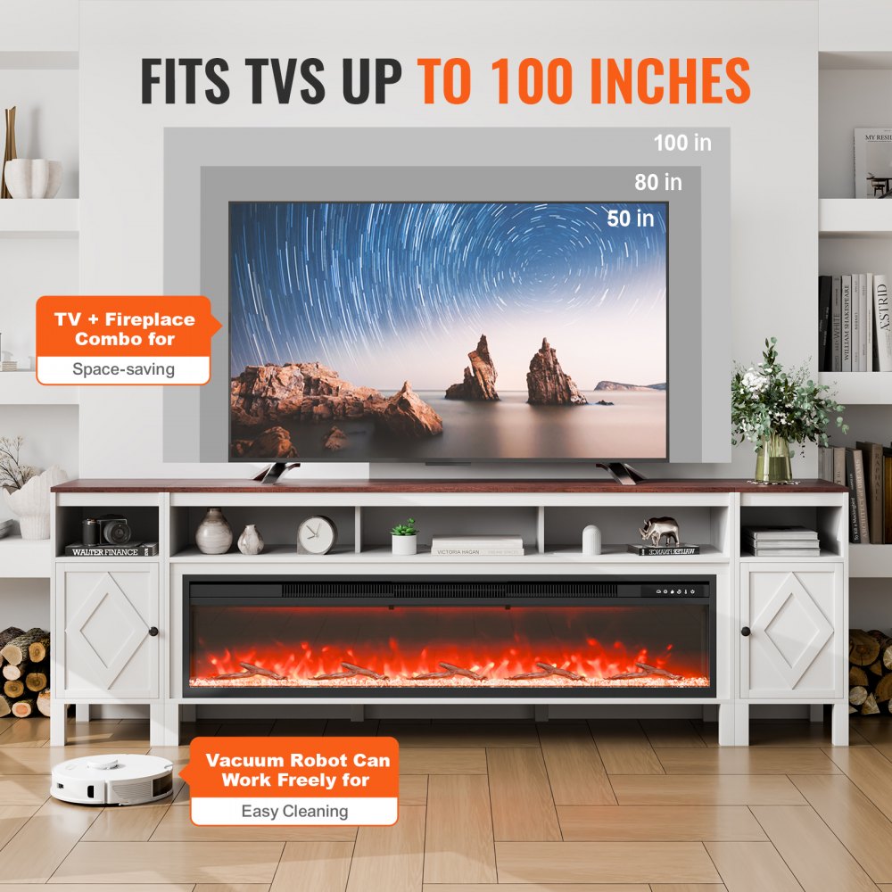 J02159-90 + SF301-58BT - 90in White Electric Fireplace TV Stand with Remote