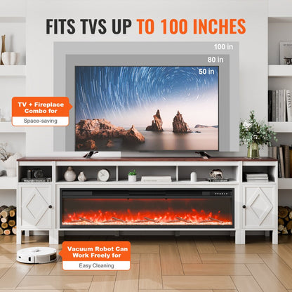 J02159-90 + SF301-58BT - 90in White Electric Fireplace TV Stand with Remote