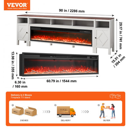 J02159-90 + SF301-58BT - 90in White Electric Fireplace TV Stand with Remote