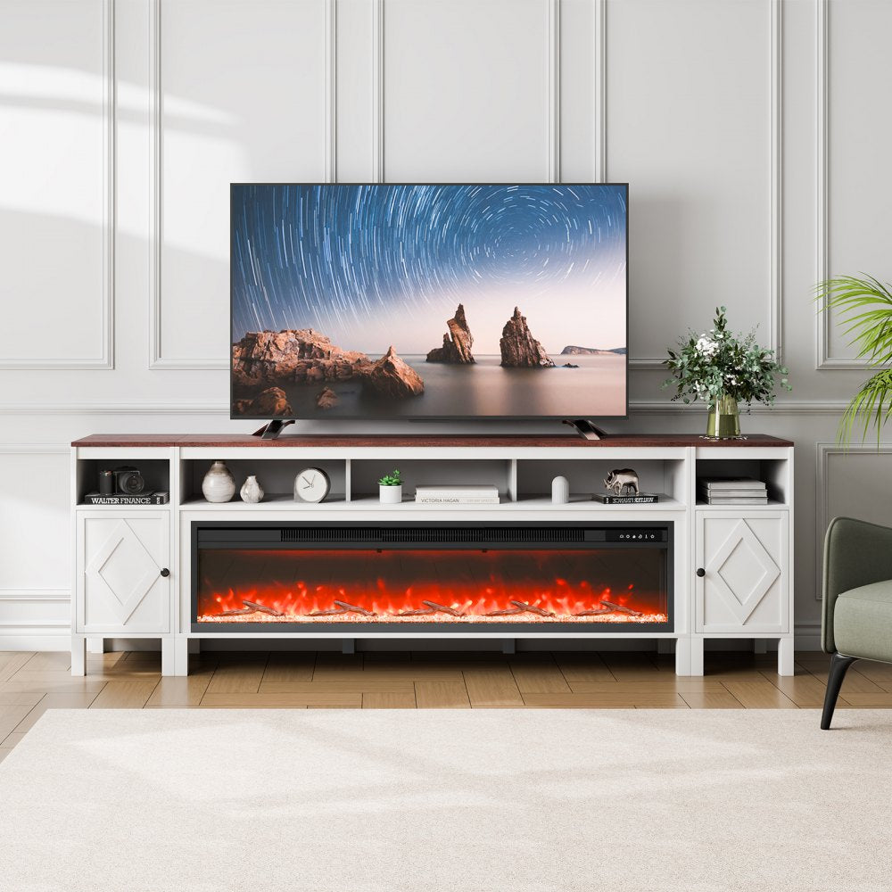 J02159-90 + SF301-58BT - 90in White Electric Fireplace TV Stand with Remote