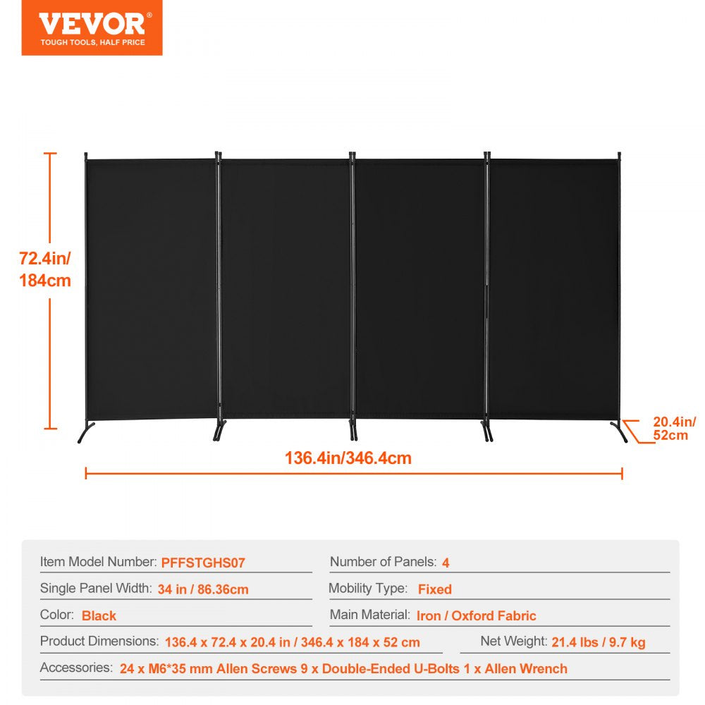 PFFSTGHS07 - 4-Panel Black Oxford Room Divider, Easy Setup & Stable
