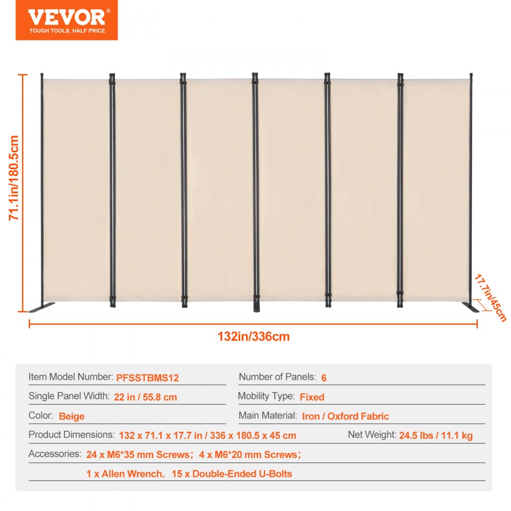 PFSSTBMS12 - 6-Panel VEVOR Room Divider, Lightweight Oxford Fabric, Privacy Shield
