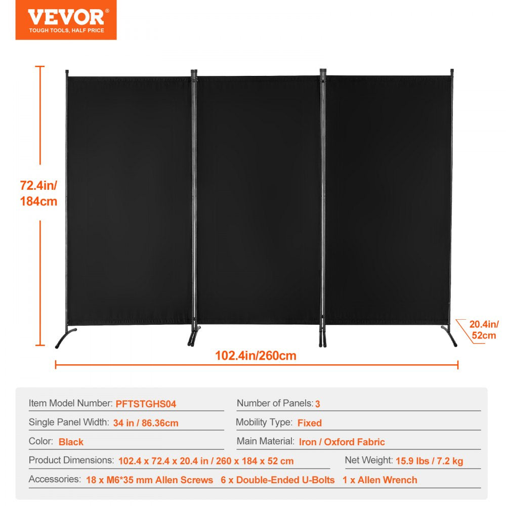 PFTSTGHS04 - 3-Panel Light-Blocking Room Divider, Oxford Cloth, 34 W x 102.4 in