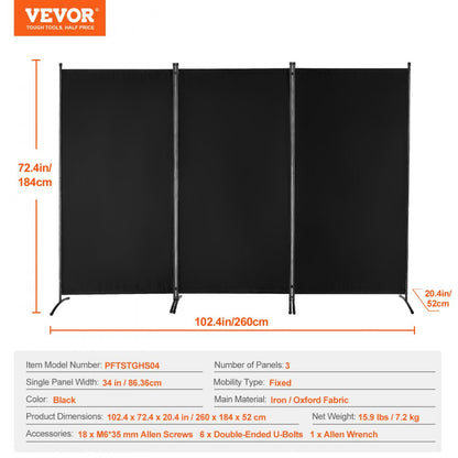 PFTSTGHS04 - 3-Panel Light-Blocking Room Divider, Oxford Cloth, 34 W x 102.4 in