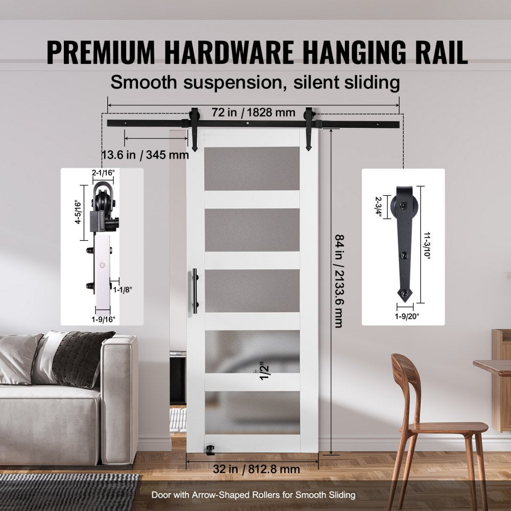 32BL - VEVOR 32" Sliding Barn Door Kit with Frosted Glass and Floor Guide