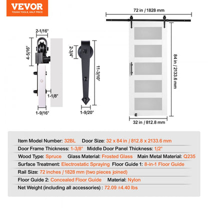 32BL - VEVOR 32" Sliding Barn Door Kit with Frosted Glass and Floor Guide