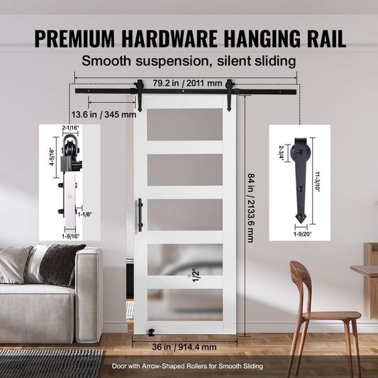 36BL - Durable Spruce Barn Door Kit with Frosted Glass, 36" x 84"
