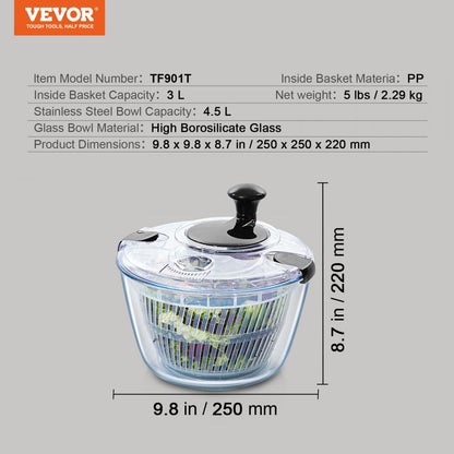 TF901T - 4.5L Glass Salad Spinner with BPA-Free Components