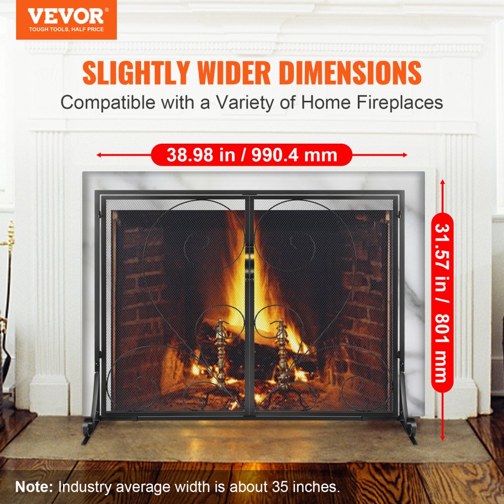 ZS230426 - 39" Black Iron Fireplace Screen with Vintage Design