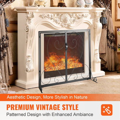 ZS230426 - 39" Black Iron Fireplace Screen with Vintage Design