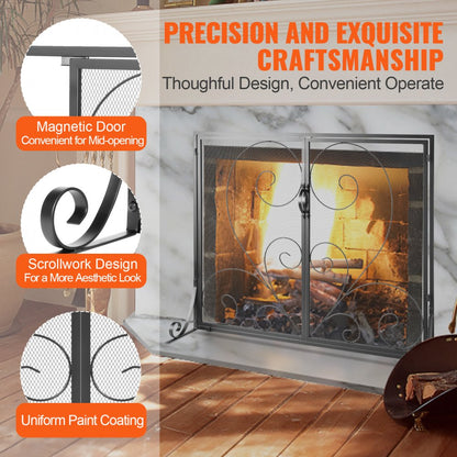 ZS230426 - 39" Black Iron Fireplace Screen with Vintage Design