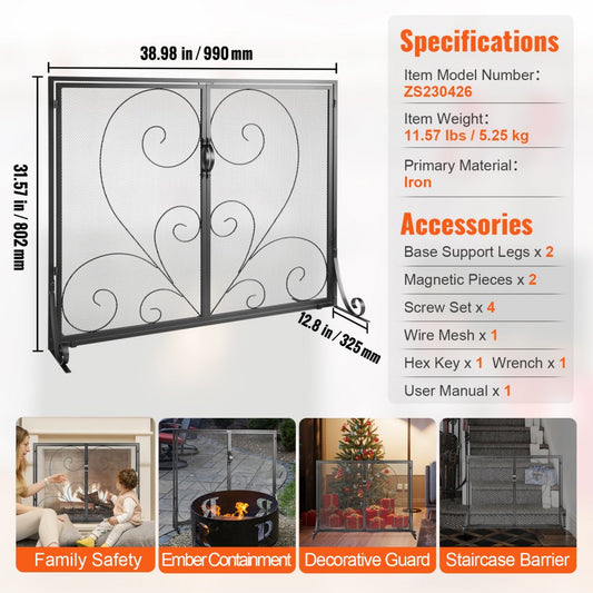 ZS230426 - 39" Black Iron Fireplace Screen with Vintage Design