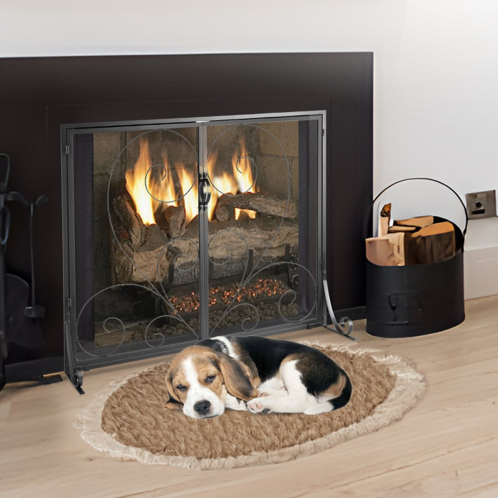 ZS230426 - 39" Black Iron Fireplace Screen with Vintage Design
