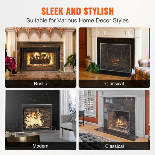 ZS230424 - Elegant Black Iron Mesh Fireplace Screen for Home Decor