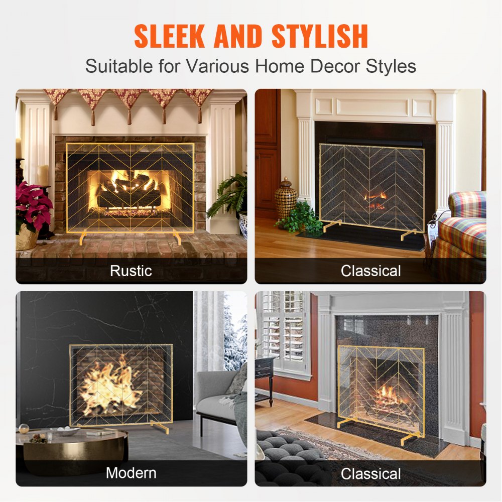 ZS230423 - 38.6" Iron Mesh Fireplace Screen with Elegant Gold Finish