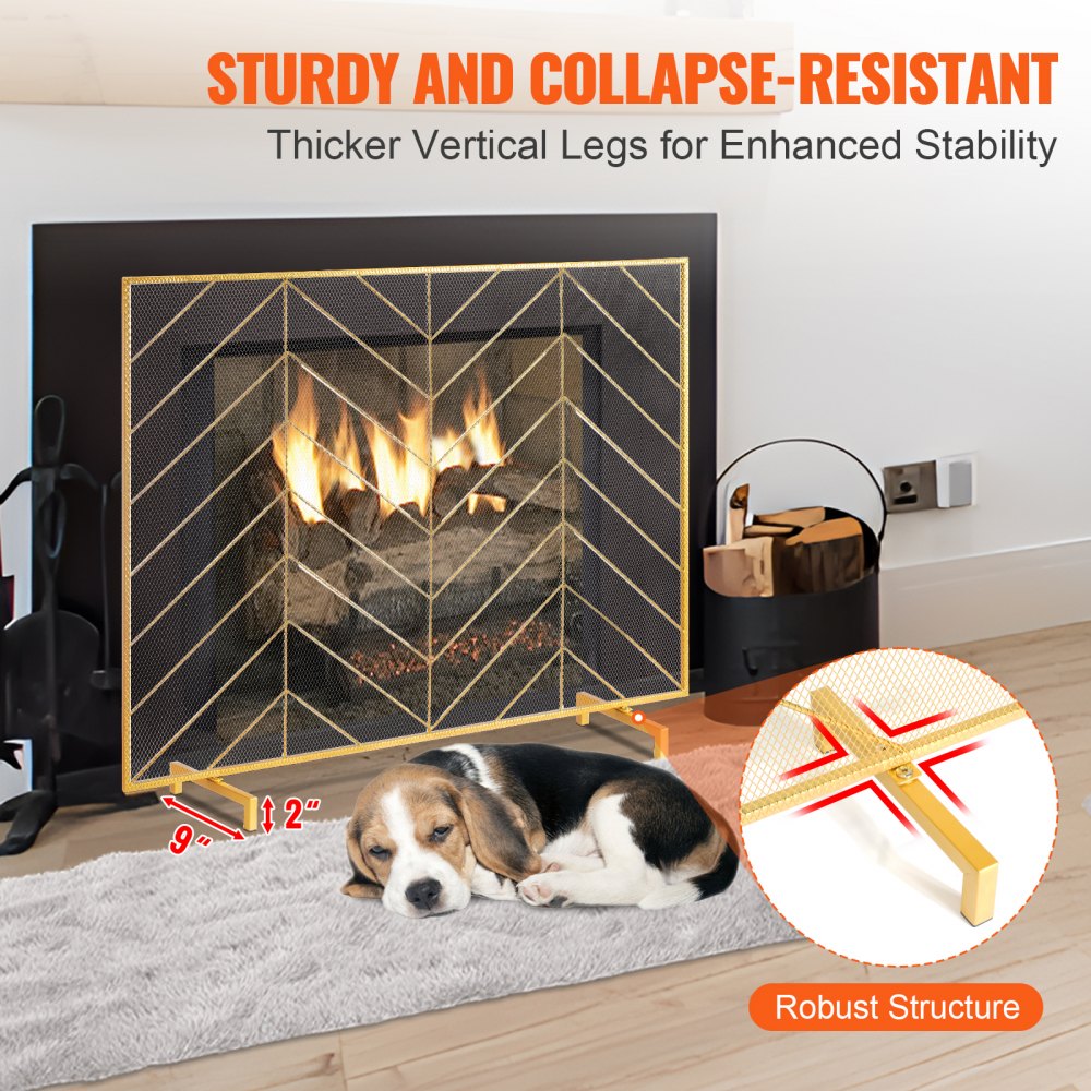 ZS230423 - 38.6" Iron Mesh Fireplace Screen with Elegant Gold Finish