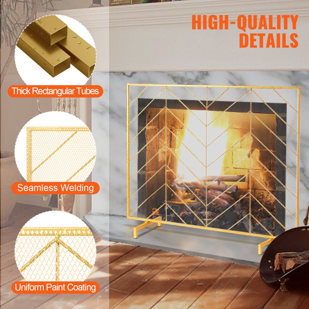ZS230423 - 38.6" Iron Mesh Fireplace Screen with Elegant Gold Finish