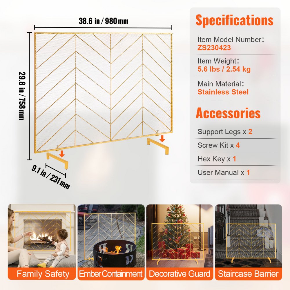 ZS230423 - 38.6" Iron Mesh Fireplace Screen with Elegant Gold Finish