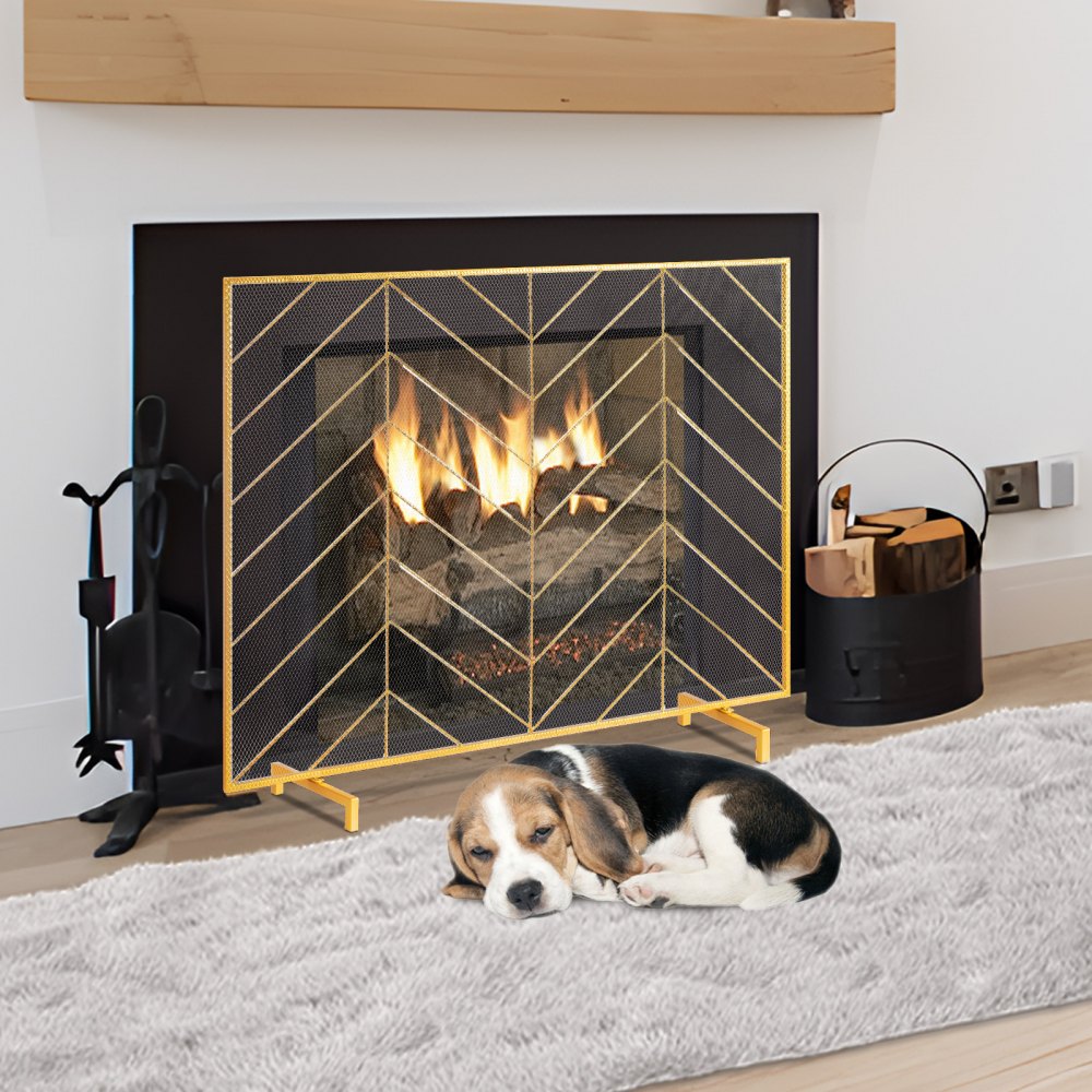 ZS230423 - 38.6" Iron Mesh Fireplace Screen with Elegant Gold Finish