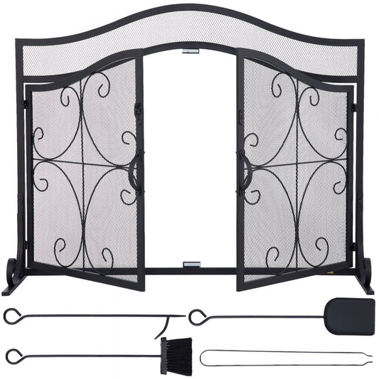 VV-BLPF-39inFS - 39" Iron Fireplace Screen with Double Doors & Decorative Pattern