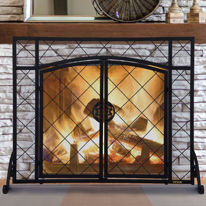 VV-BLPF-44inWG - Elegant Double Door Fireplace Screen with Decorative Pattern