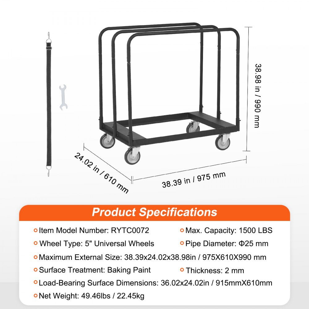 RYTC0072 - Heavy-Duty 1500 LBS Drywall Cart with Lockable Wheels 36"x24"