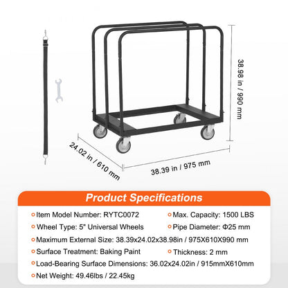 RYTC0072 - Heavy-Duty 1500 LBS Drywall Cart with Lockable Wheels 36"x24"