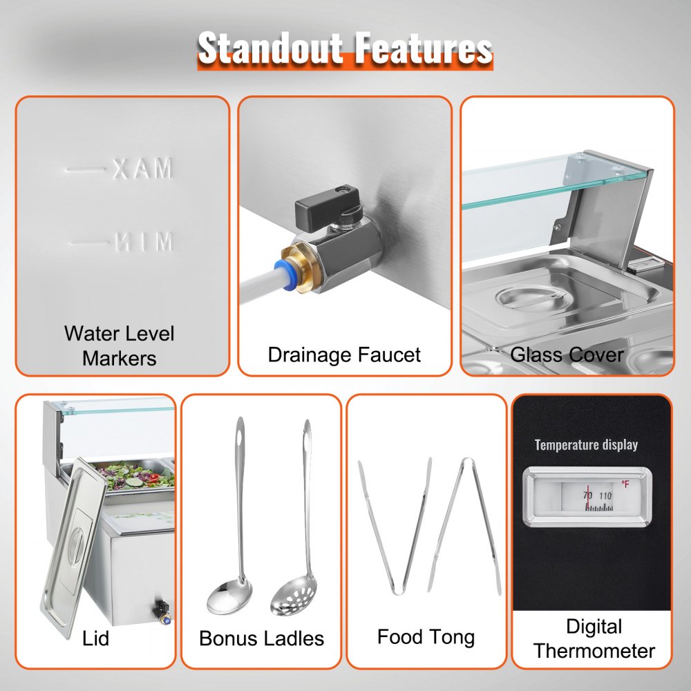 SC-TC-2110-B - 10-Pan Stainless Steel Food Warmer with Glass Shield