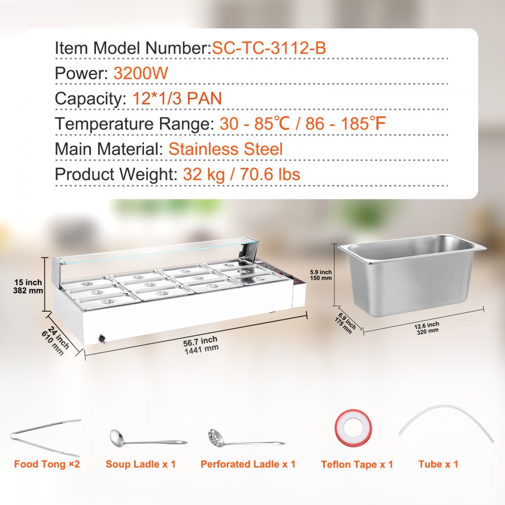 SC-TC-3112-B - 12-Pan Stainless Steel Food Warmer with Glass Cover
