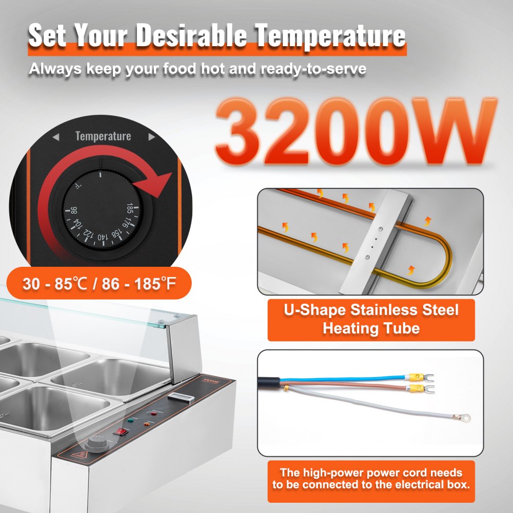 SC-TC-2108-B - 8-Pan Stainless Steel Buffet Food Warmer with Glass Cover
