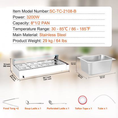 SC-TC-2108-B - 8-Pan Stainless Steel Buffet Food Warmer with Glass Cover