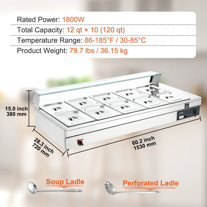 010553796729 - Durable 10-Pan Electric Food Warmer with Glass Cover