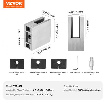 YSBLJ02 - Stainless Steel Glass Clamp for 0.31-0.47" Tempered Glass