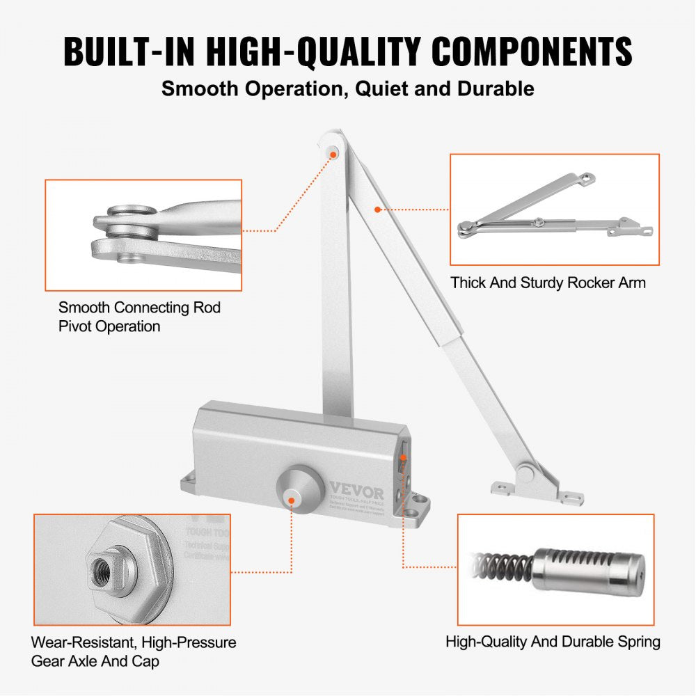 D300S - Automatic Silver Door Closer for Quiet Residential & Commercial Use