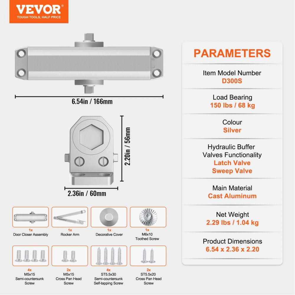 D300S - Automatic Silver Door Closer for Quiet Residential & Commercial Use