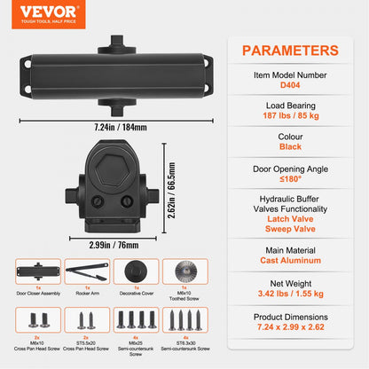D404 - Adjustable Hydraulic Door Closer for 187 lbs, Smooth Operations