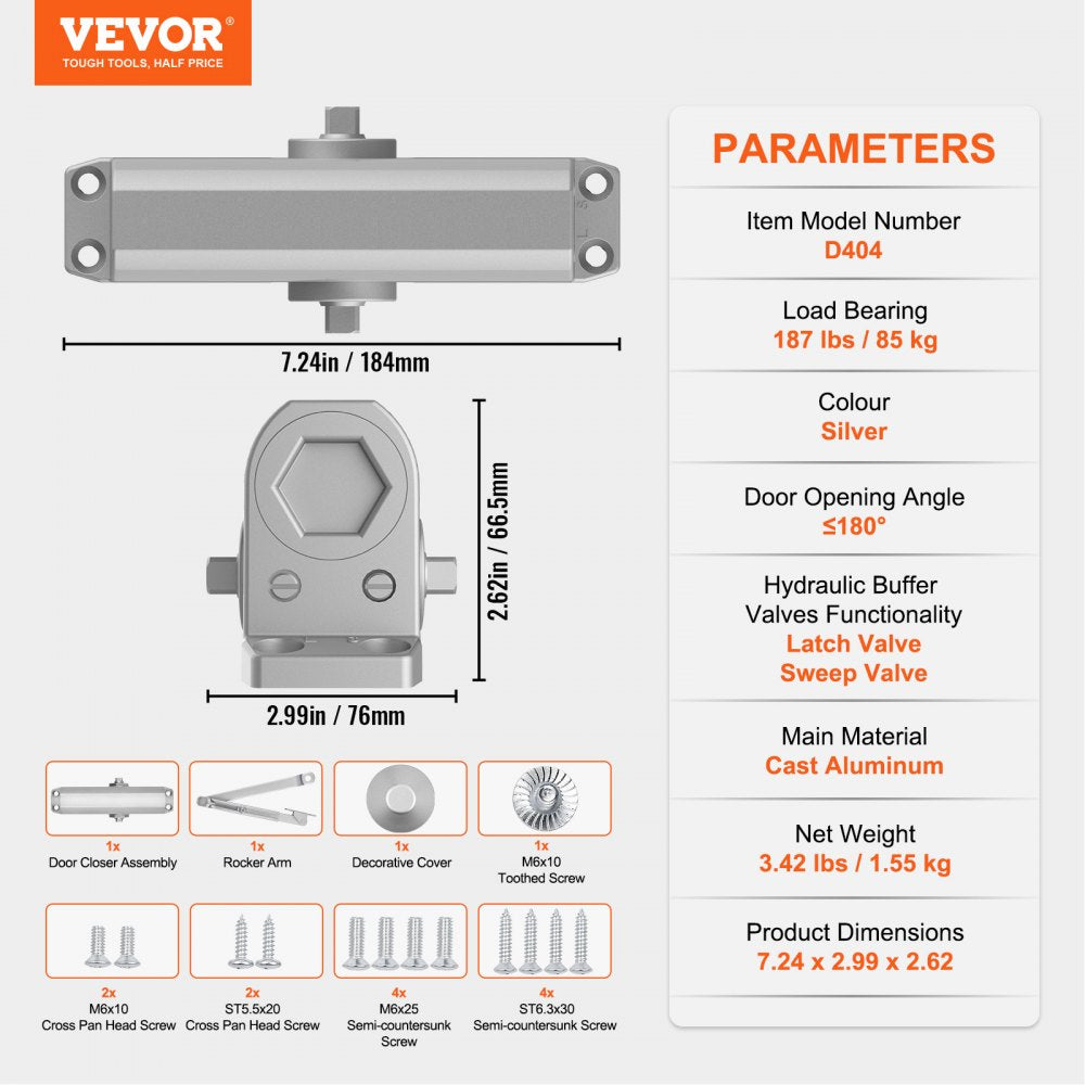 D404 - Adjustable Hydraulic Door Closer for 100 lbs with Smooth Operation