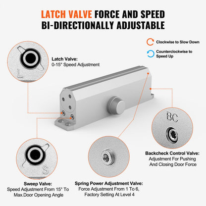 D4015 - Durable Silver Door Closer with Adjustable Speeds for 265 lbs