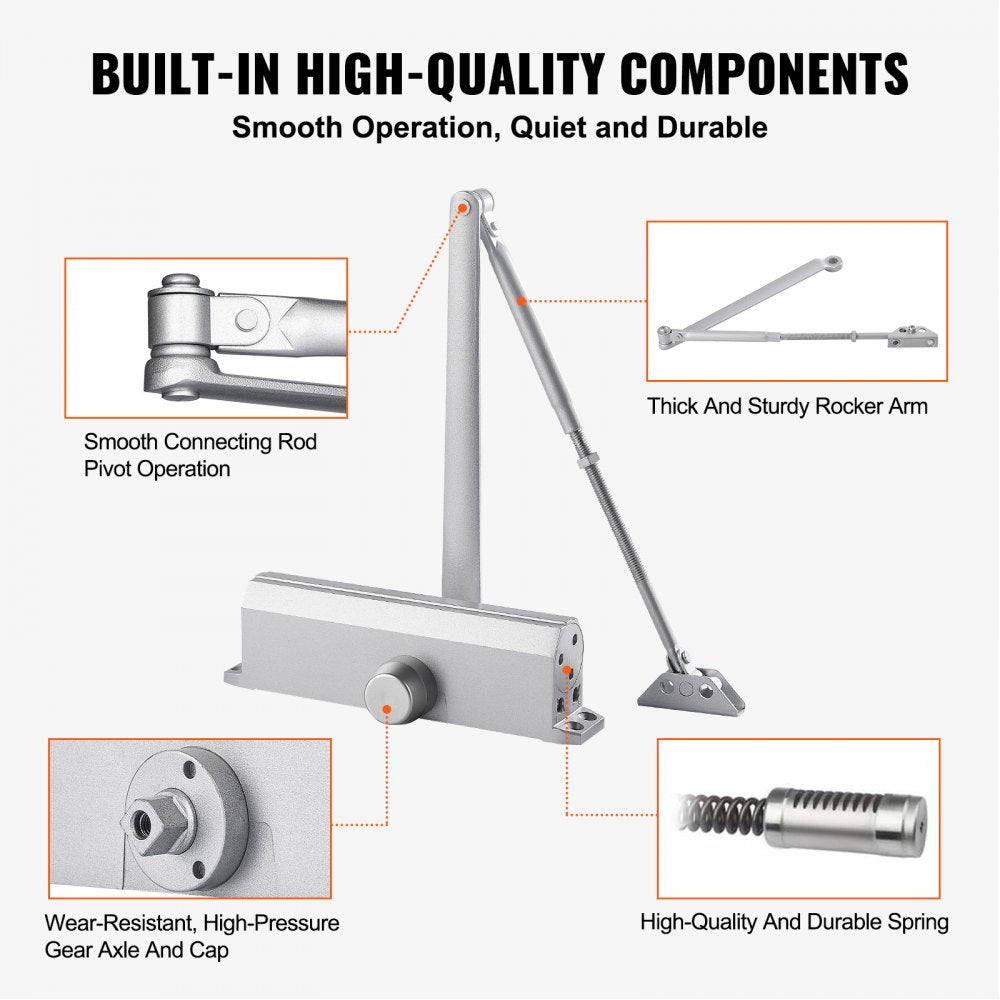 D4015 - Durable Silver Door Closer with Adjustable Speeds for 265 lbs