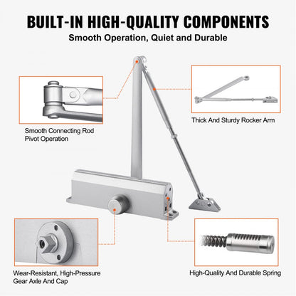 D4015 - Durable Silver Door Closer with Adjustable Speeds for 265 lbs